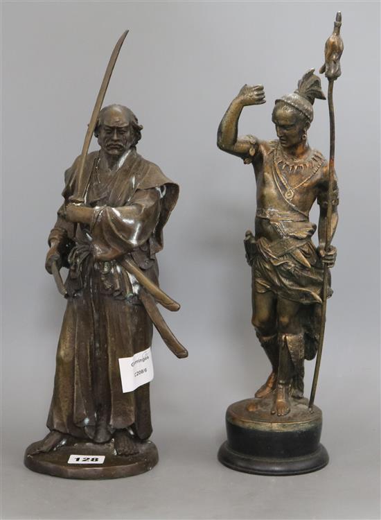 Two bronzed resin figures of an Indian and Samurai tallest 39cm